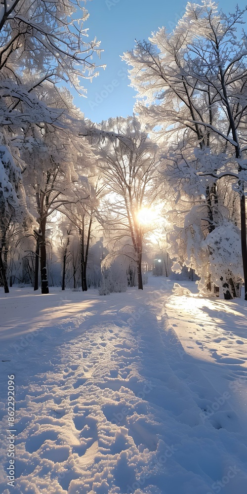 Poster snowy forest path with sun shining through the trees