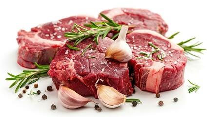 Raw marbled beef steaks with sprigs of rosemary and garlic cloves, isolated