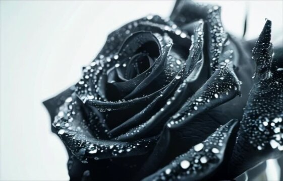 Black rose with drops of water on white background close-up footage