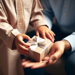 Obraz premium a child's hand giving a gift to his father. view from side. close-up style