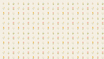 A pattern that features small flowers in grids in pastel colors on cream linen fabric, each grid contains one flower from various varieties, the grid is pink dotted lines