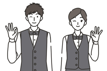 オッケーポーズのウェイターとウェイトレスのイラスト
