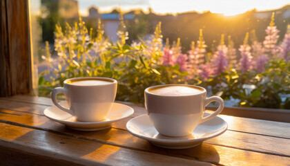 Tazas de Cafe iluminadsa por el sol de la tarde, acompa&ntilde;ada en medio de un jard&iacute;n floreciente