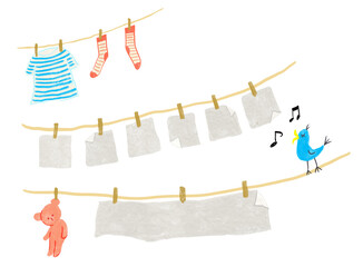 Illustration showing laundry hanging out to dry.
Cute illustration with a teddy bear and a bird chirping.
Some places where text can be inserted.
For Banners, websites, postcards and greeting cards.
