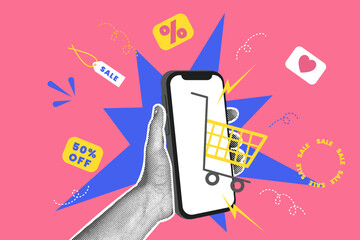 Trendy halftones collage business concept. Online shopping concept, delivery service, favorable terms. Trendy modern retro illustration in bright trendy colors.Banner concept with sale.