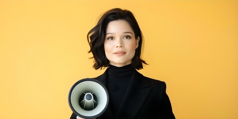 Brunette woman in stylish outfit holds loudspeaker announcing urgent Black Friday sales. Concept - Black Friday Sales.- Stylish Outfit.- Loudspeaker.- Brunette Woman.- Urgent Announcement