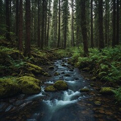 A dense forest with a bubbling brook and tall trees.
