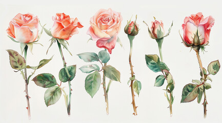 Obraz premium A watercolor drawing of roses in various stages of bloom.