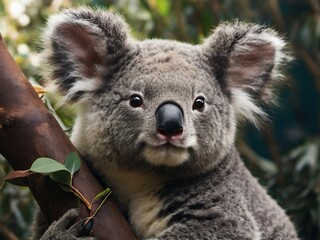 portrait of a cute koala in a tree in the forest, close-up, blurred background