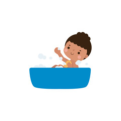 cute little kid take a bath in the bathtub, cartoon character vector illustration flat style on white background