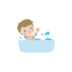 cute little kid take a bath in the bathtub, cartoon character vector illustration flat style on white background