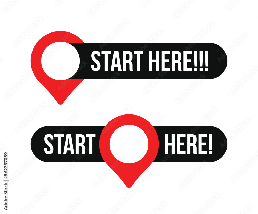 Poster a set of start here text button with map pin icons template isolated on white background. vector ill