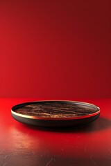 Obraz premium A round flat podium on the dark red studio background , Chinese Tang Dynasty style, dark red and golden theme, 3D rendering, studio lights, minimalist product display mock up, 2:3