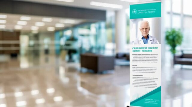 Bright, spacious hospital lobby with polished floors. Teal-accented informational banner in foreground. Comfortable seating area visible in background. 