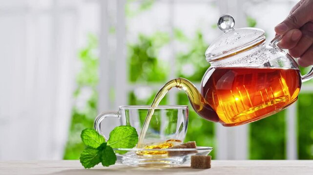Glass cup of black tea pouring from teapot with fresh tea leaves