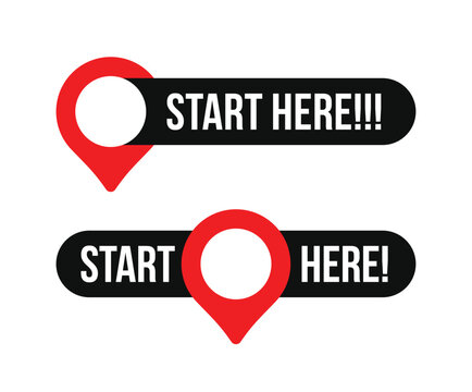 A set of start here text button with map pin icons template Isolated on white background. Vector illustration.