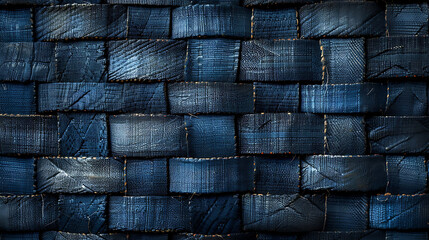 Dark blue brick wall texture with weathered and rough surface. Abstract grunge background of vintage stonework.