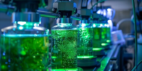 Bioreactors filled with green liquid and UV lights creating captivating visual display. Concept Bioreactors, Green Liquid, UV Lights, Visual Display, Captivating