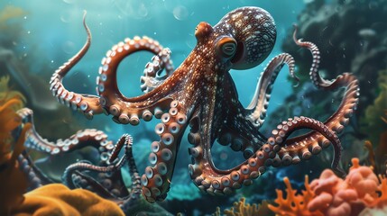 Obraz premium An octopus with beautiful colors and patterns. It is swimming gracefully through a coral reef, surrounded by colorful fish.