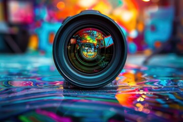 A creative composition of a camera lens reflecting a detailed and colorful scene of a photography studio, capturing the essence of a photographer's passion and dedication through a self-portrait.