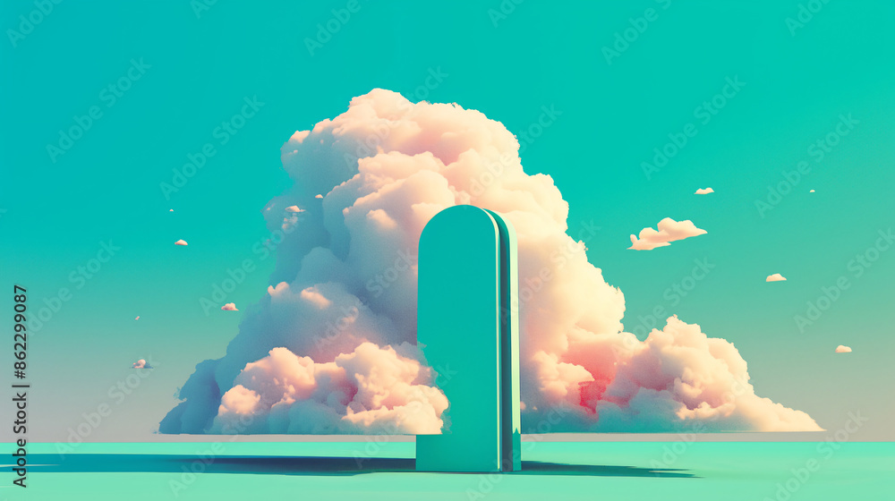 Poster minimalist digital art with a green archway in front of a pink cloud with copy space text for websit