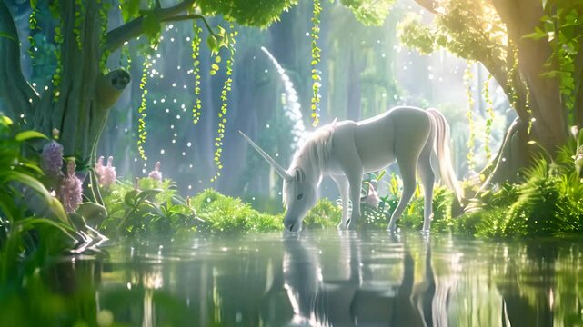 Majestic Unicorn Drinking from Enchanted Forest Stream