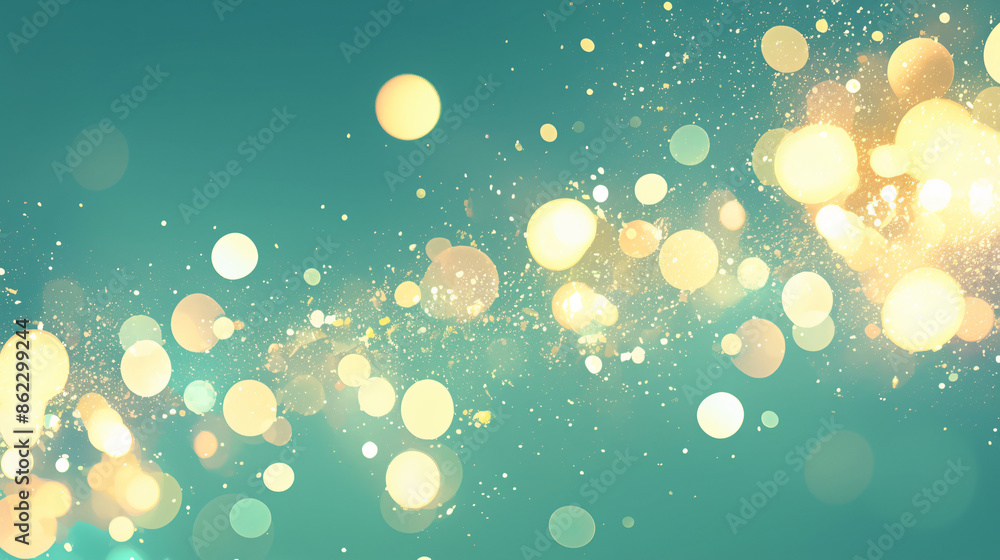 Poster abstract background with teal and gold bokeh lights with copy space text for website, banner, social