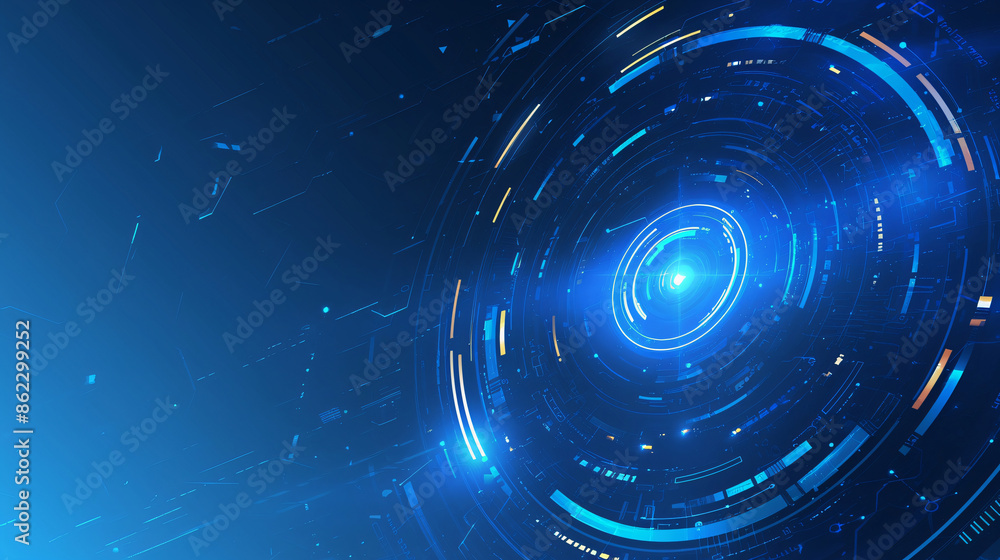 Poster abstract futuristic technology background with blue and orange circles with copy space text for webs