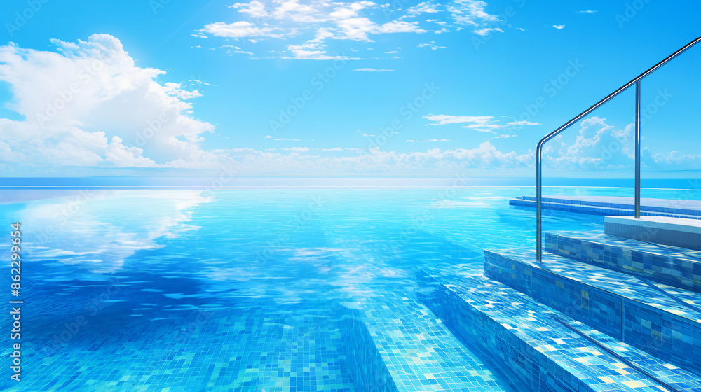 Poster infinity pool with blue water and a view of the ocean with copy space text for website, banner, soci