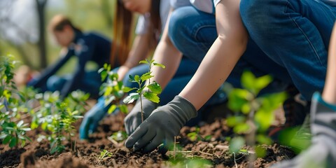 Fototapeta premium Volunteers planting trees in deforested area to support sustainable climate practices. Concept Volunteering, Tree planting, Sustainable practices, Deforestation, Climate action
