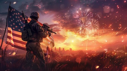 Veterans Day background with USA flag soldier