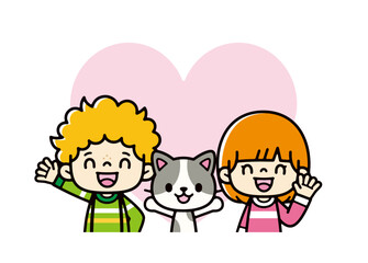 大きなハートの前で笑顔で手を振るかわいい子供たちとペットの猫のイラスト