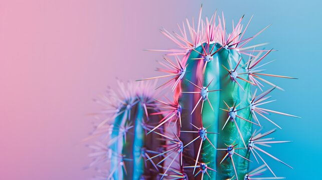 A cactus with pink and purple flowers is on a blue background - Powered by Adobe
