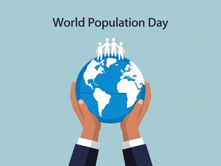 World population day represented by a hand holding a globe with paper cutout figures holding hands around it. 11th July