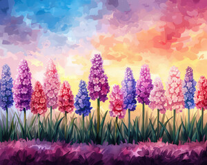 Discover Dreamy Garden of Hyacinths at Dawn Mesmerizing Watercolor Art Unveils Fragrant Colorful Blossoms in a Serene Landscape Perfect Wall Decor for Floral Art Lovers