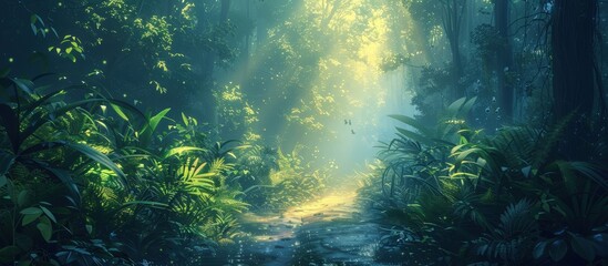 A captivating forest path bathed in sunlight, surrounded by dense, lush greenery, creating a mystical and serene atmosphere.