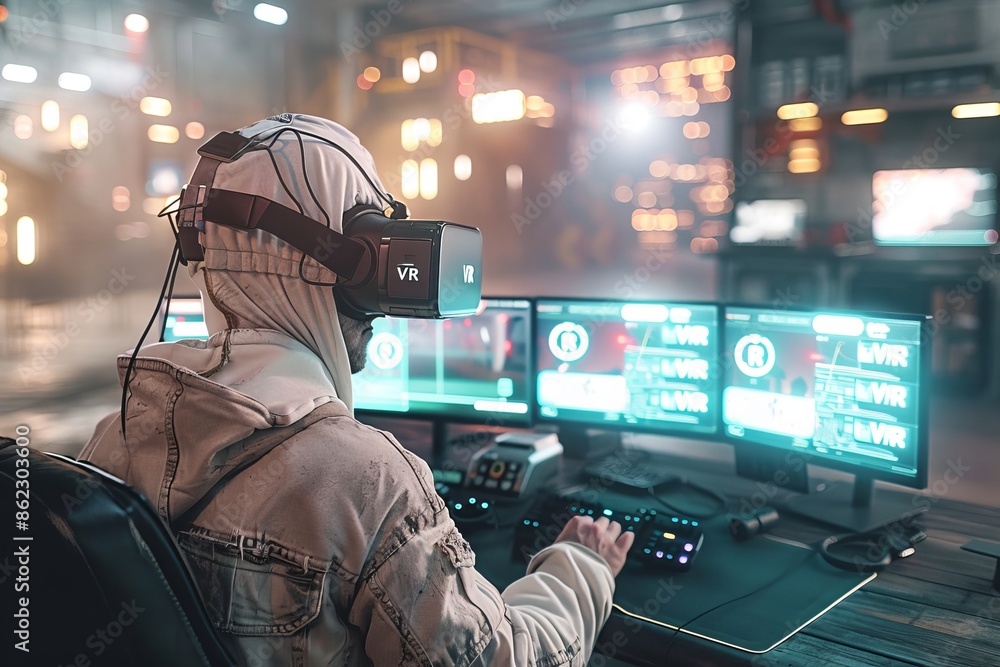 Poster person in a tactical outfit using a vr headset in a high tech control room with multiple displays an