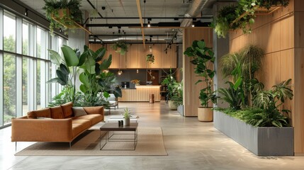 Fototapeta premium Stylish open-concept office space featuring modern furniture, lush indoor plants, and large windows allowing natural light.