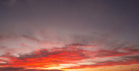 Panoramic sunrise or sunset sky with clouds. Sunset Sky on Twilight in the Evening with Sunset. Cloud Nature Sky Backgrounds. Sky Sunrise, Dusk clouds.