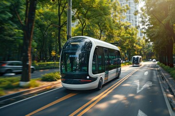 Obraz premium Photo of Autonomous driver less public vehicles,white driver less minibuses run on city streets to pick up passengers, autopilot,Generative AI