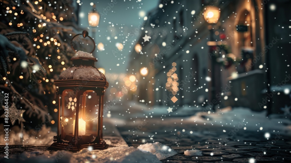 Poster a lantern is lit up in the snow, creating a warm and cozy atmosphere. generate ai image