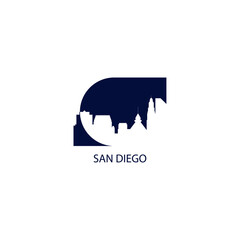 San Diego skyline, downtown panorama logo, logotype. USA, California state city badge contour, isolated vector pictogram with buildings, monuments, landmarks, skyscrapers