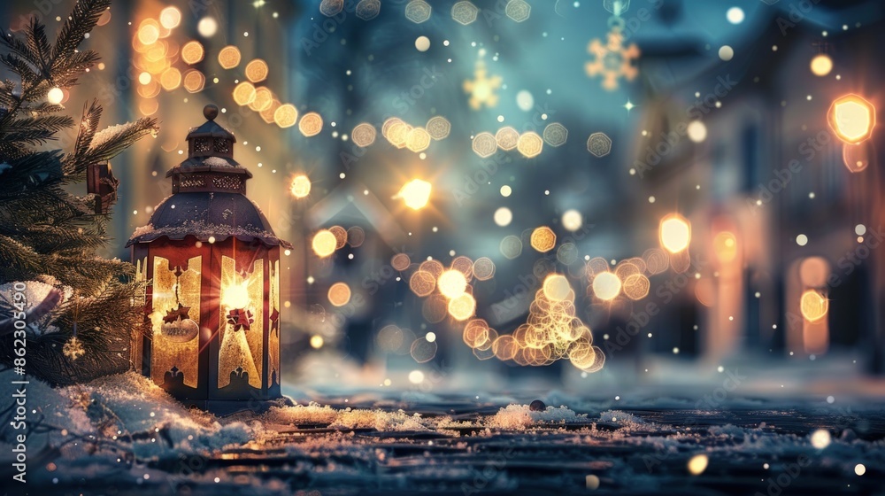 Poster a lantern is lit up in the snow, creating a warm and cozy atmosphere. generate ai image
