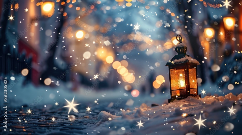 Poster a lantern is lit up in the snow, creating a warm and cozy atmosphere. generate ai image