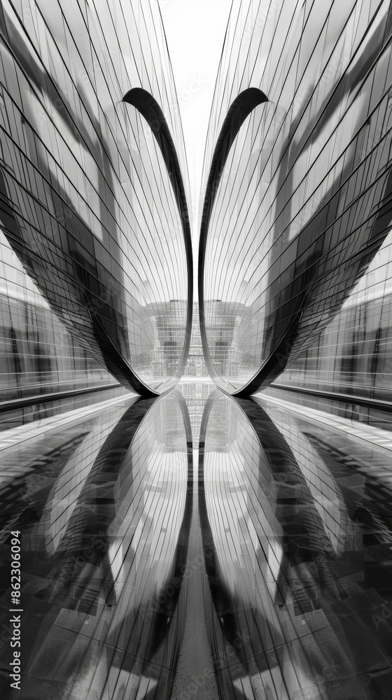 Poster bold lines intersect as two mirrors meet creating an endless cascade of reflections. black and white