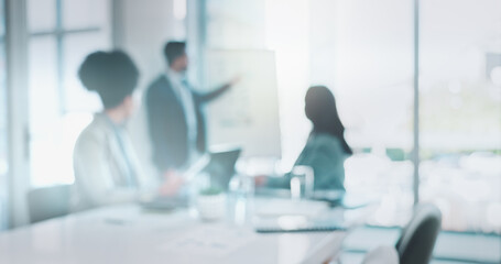 Blur, teamwork and business people in meeting, presentation and conversation for feedback. Group,...