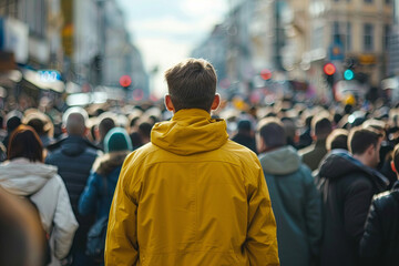 Fototapeta premium Man in a yellow jacket standing out from a large crowd of people in the middle of the street