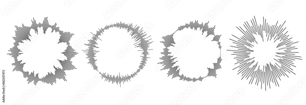 Poster radial sound wave ray pattern set. circle sun burst beams bundle. circular audio, music or voice ico