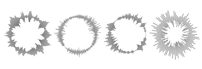 Radial sound wave ray pattern set. Circle sun burst beams bundle. Circular audio, music or voice icon collection. Round equalizer spectrum symbol pack. Vector black wavy soundwave center elements