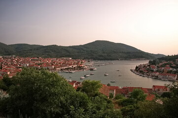 Scenic view of the Adriatic coast and Vela Luka town in a deep bay